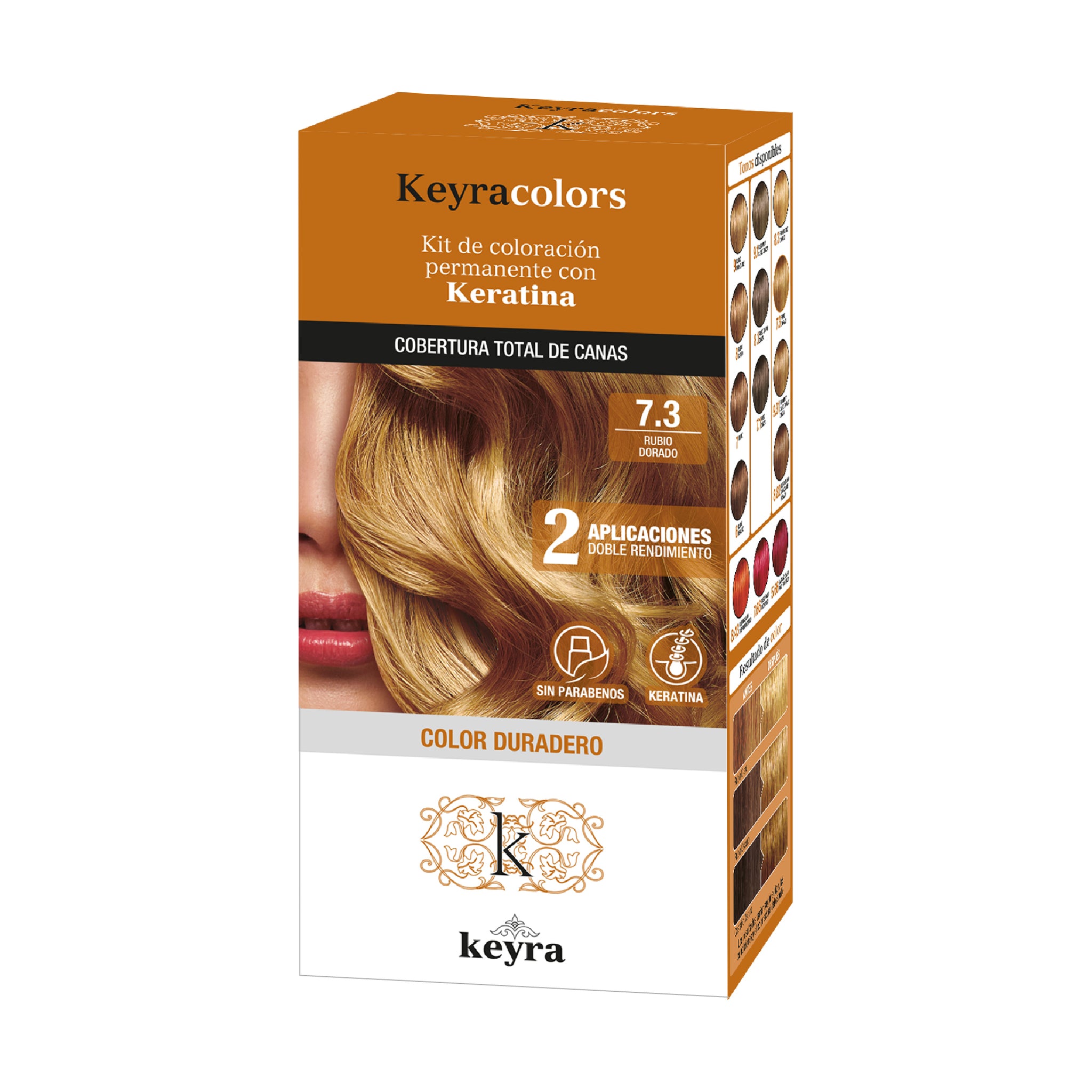 Tinte Keyra kit 7.3 Rubio Dorado, Permanete con Keratina x 100 ml Keyra Colors Caja x 1 Tinte capilar en emulsión (crema),permanente con Keratina, sin parabenos. Cubertura total de canas