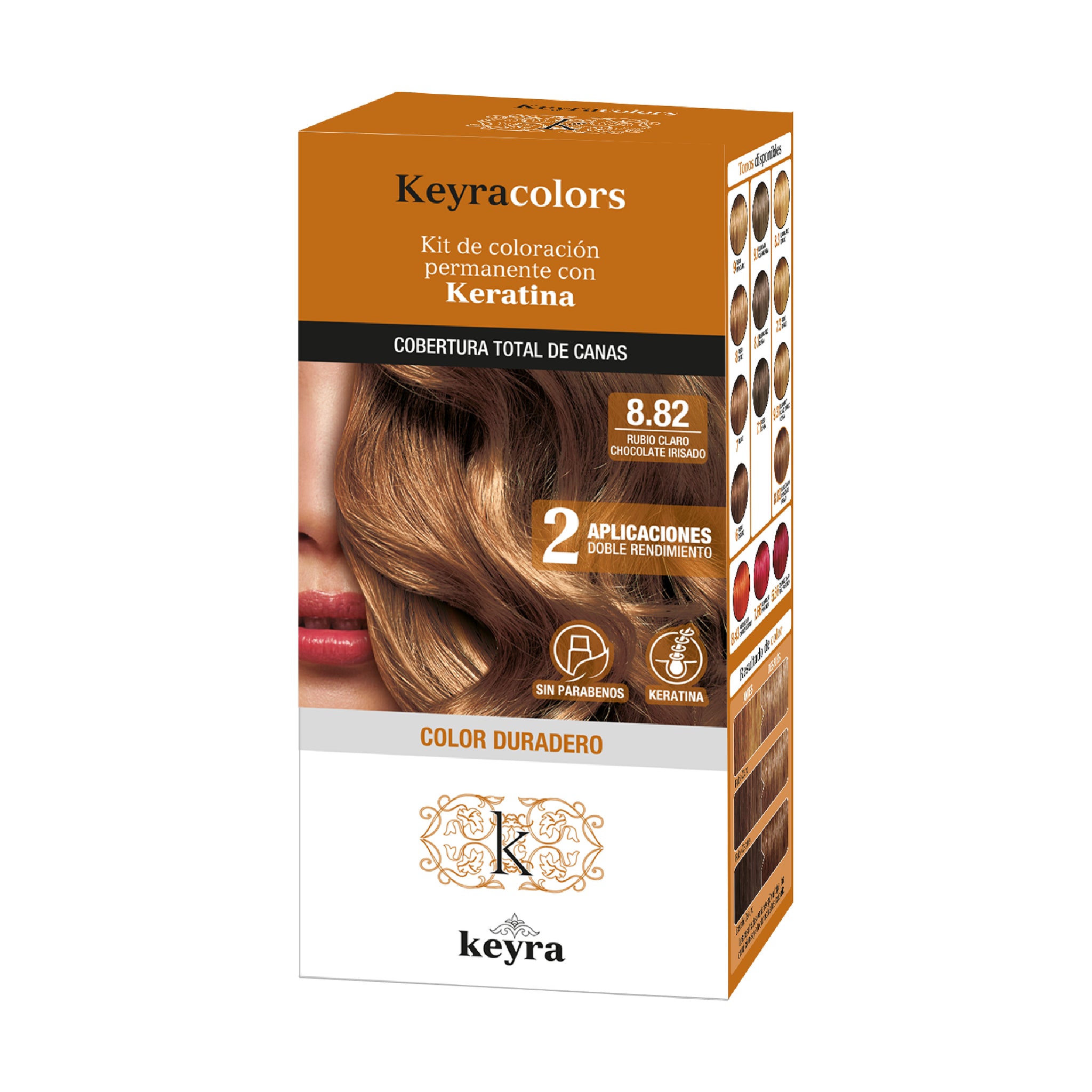 Tinte Keyra kit 8.82 Rubio Claro Chocolate irisado, Permanete con Keratina x 100 ml Keyra Colors Caja x 1 Tinte capilar en emulsión (crema),permanente con Keratina, sin parabenos. Cubertura total de canas