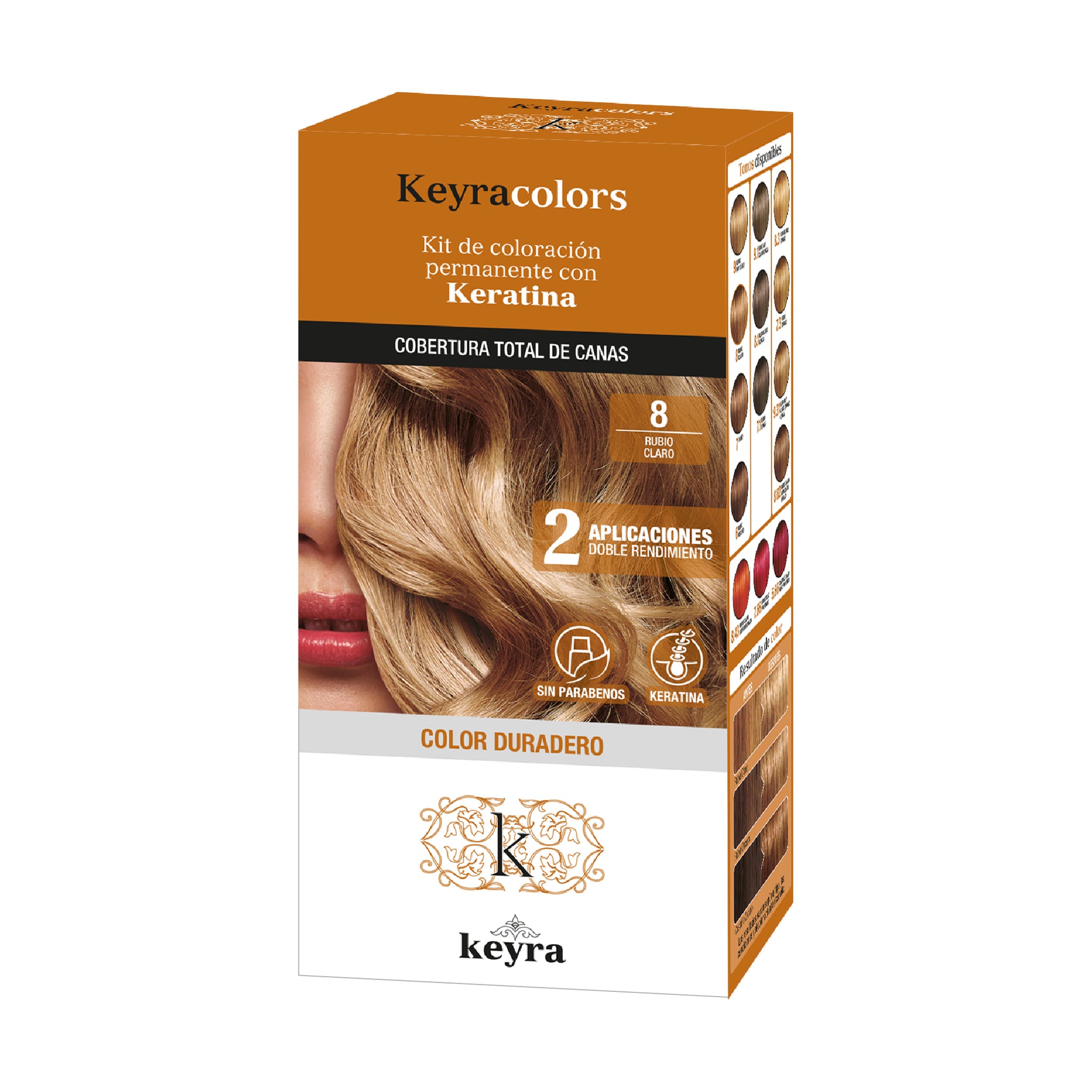 Tinte Keyra kit 8 Rubio Claro, Permanete con Keratina x 100 ml Keyra Colors Caja x 1