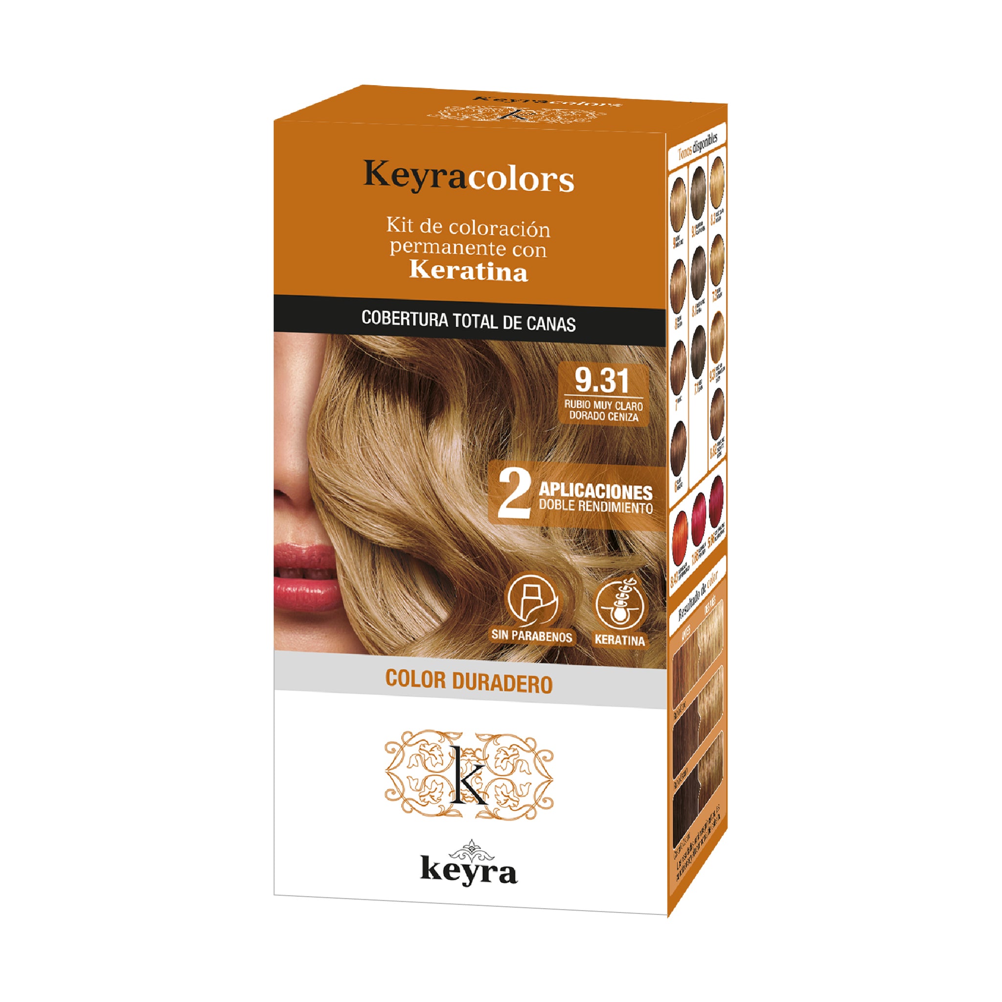 Tinte Keyra kit 9.31 Rubio Muy Claro Dorado ce, Permanete con Keratina x 100 ml Keyra Colors Caja x 1 Tinte capilar en emulsión (crema),permanente con Keratina, sin parabenos. Cubertura total de canas