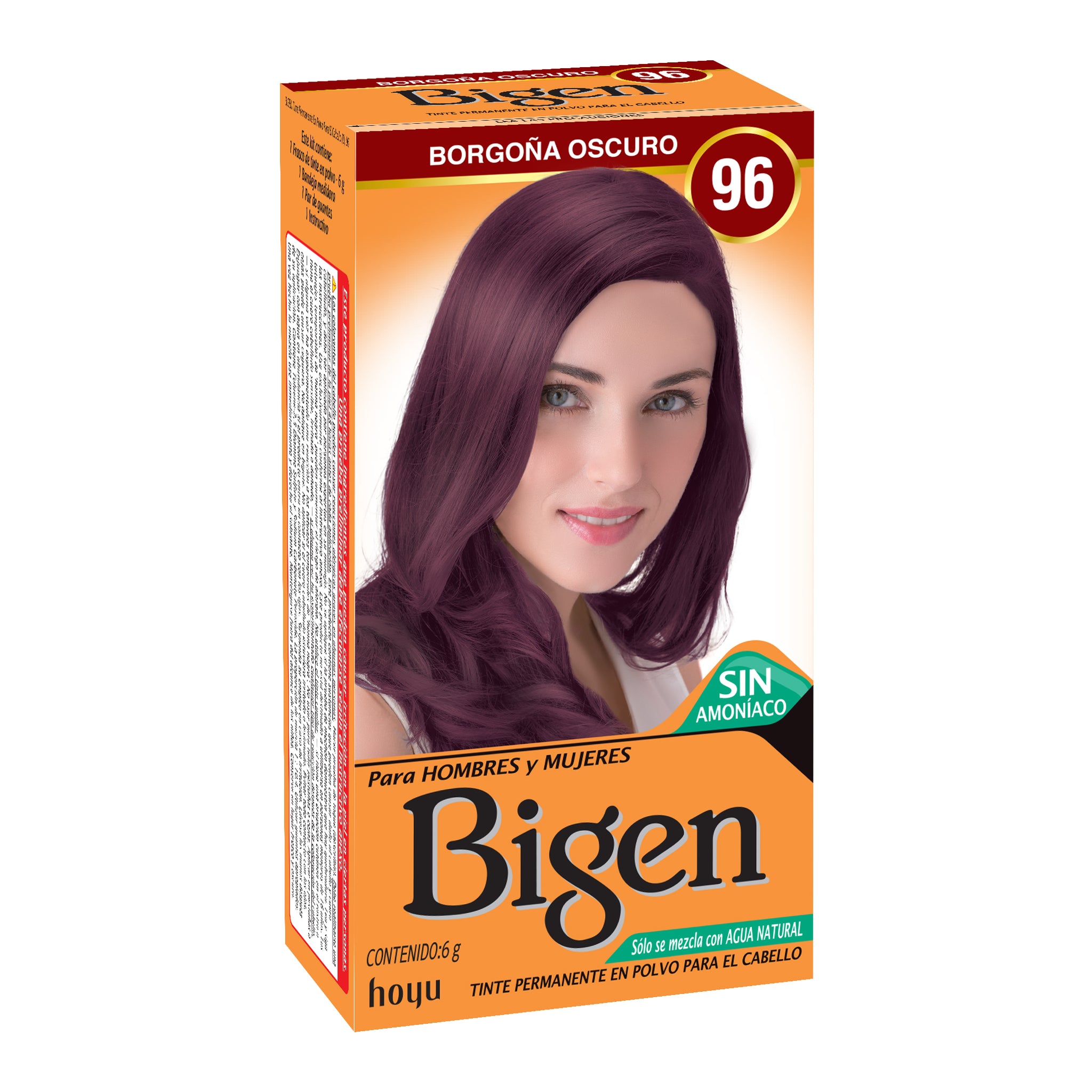 Tinte Bigen, Borgoña Oscuro Ref 96, Permanente, sin Amoniaco x 6 G Bigen Caja x 1 Tinte Permanente en Polvo,Realza el Brillo y Color Natural de tu Cabello,Se mezcla con agua y No contiene amoniaco