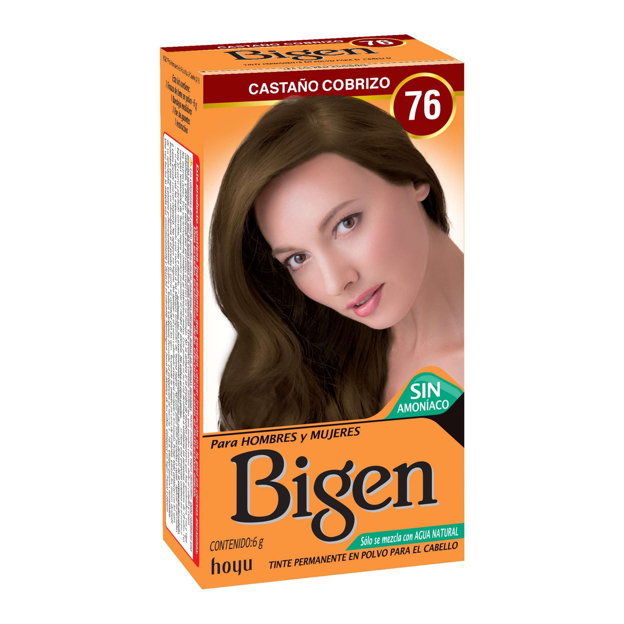 Tinte Bigen, Castaño Cobrizo Ref 76, Permanente, sin Amoniaco x 6 G Bigen Caja x 1 Tinte Permanente en Polvo,Realza el Brillo y Color Natural de tu Cabello,Se mezcla con agua y No contiene amoniaco